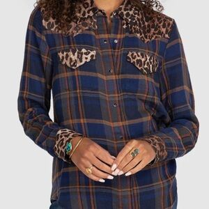 Johnny Was Workshop Leopard Plaid Mix Western Boho Style Long Sleeve Shirt